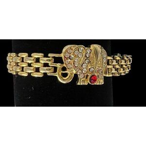 Elephant Gold Tone Link Bracelet Rhinestones And Ruby Jewels Unsigned